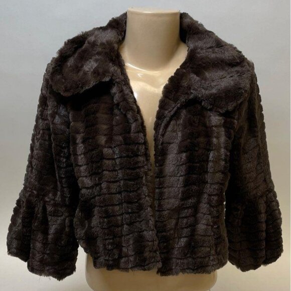 Tacera Brown Faux Fur Crop Jacket M Satin Lined Bell Sleeve EUC 7244 - Picture 1 of 11
